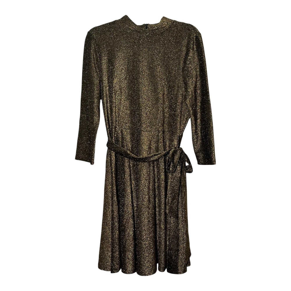 Ellen Weaver Womens Gold Metallic Mock Neck Long Sleeve Belted Dress Large NWT